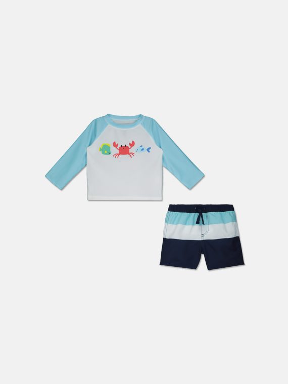 Baby Boys 2-Pc. Crab Rash Guard & Swim Trunks Set Bright White/Light Blue/Navy