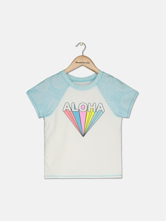 Big Girls Aloha Short-Sleeve Rash Guard Bright White/Turquoise
