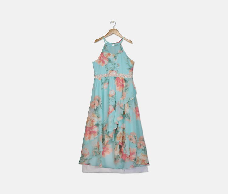 Big Girls Floral-Print Faux Wrap Dress Turquoise