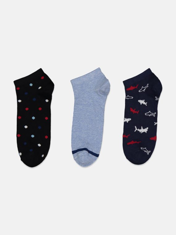 Mens 3 Pack Printed Ankle Socks Navy/Blue/Black
