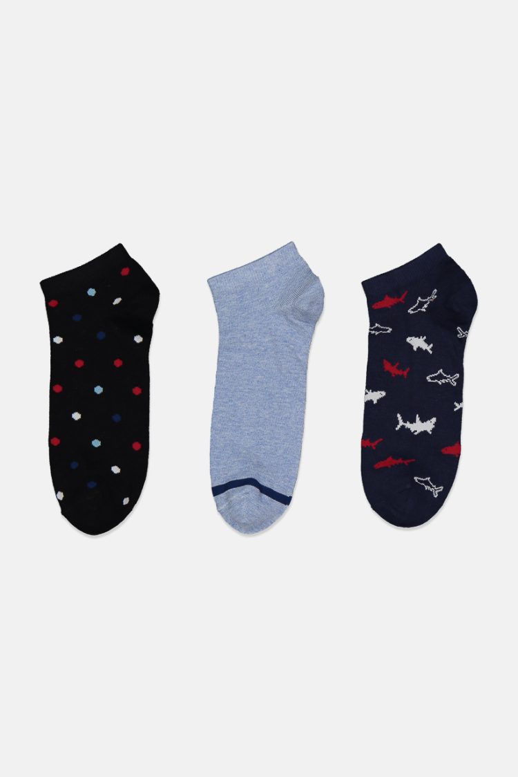 Mens 3 Pack Printed Ankle Socks Navy/Blue/Black