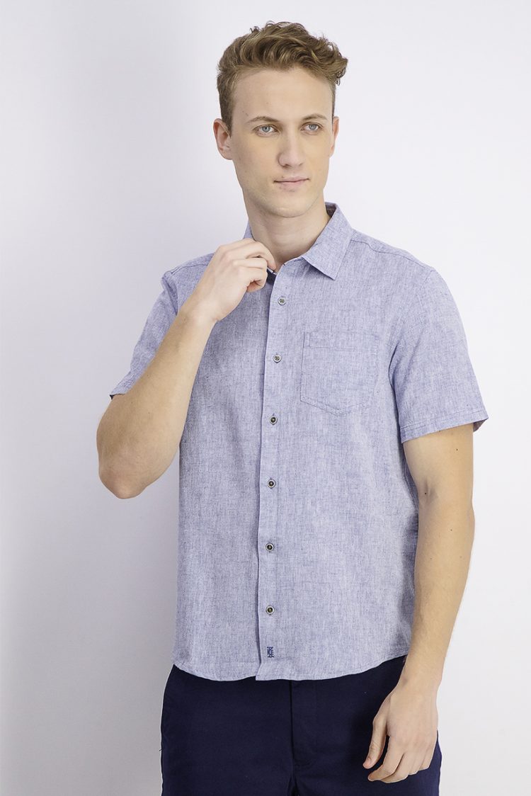 Mens Linen Woven Short Sleeves Button-Down Shirt Washed Blue