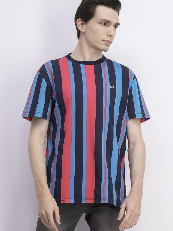 Mens Short Sleeve Vertical Stripe T-Shirt Navy/Pink Combo