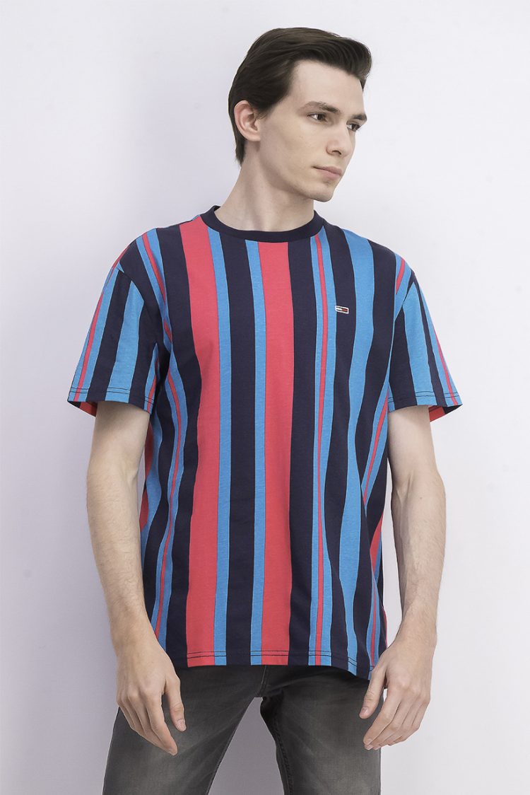 Mens Short Sleeve Vertical Stripe T-Shirt Navy/Pink Combo