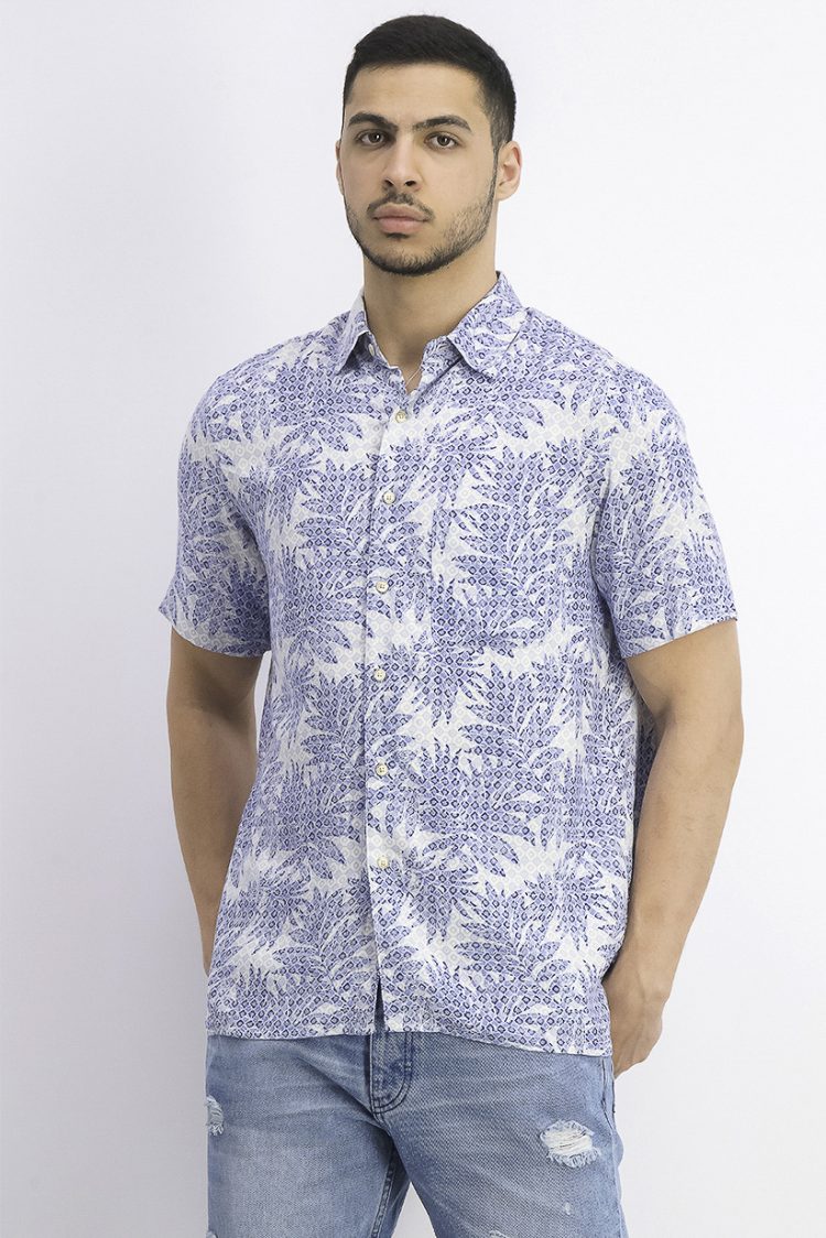 Mens Tropical Print Shirt Blue Combo