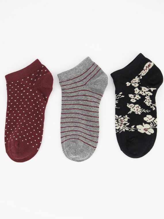 Womens 3 Pairs Non-Terry Ankle Socks Black/Grey/Maroon