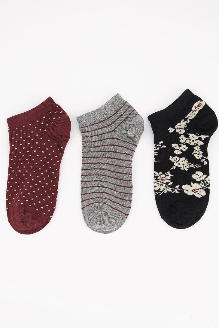 Womens 3 Pairs Non-Terry Ankle Socks Black/Grey/Maroon