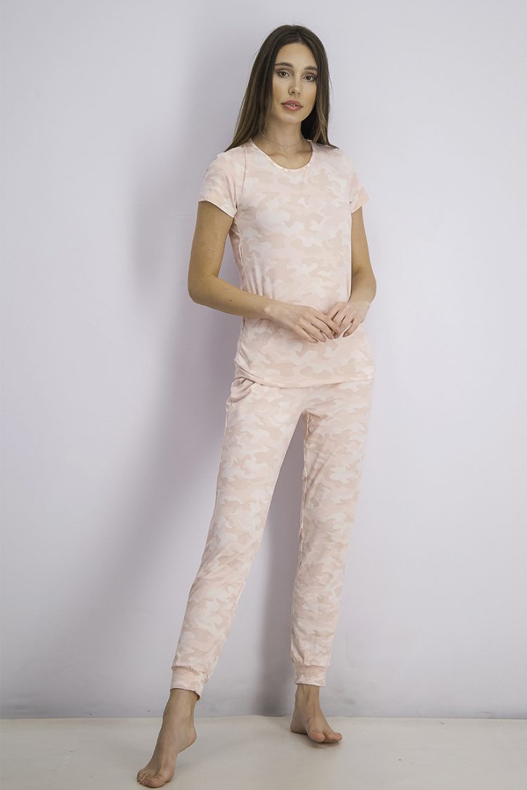 Womens Camouflage Tee and Pants Pyjama Set Pink Combo