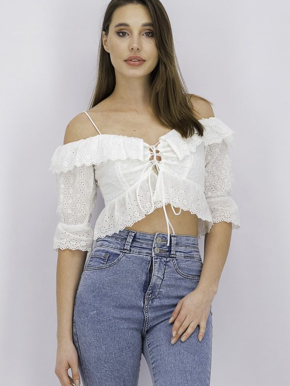 Womens Cropped Lace Up Blouse With Ruffles White