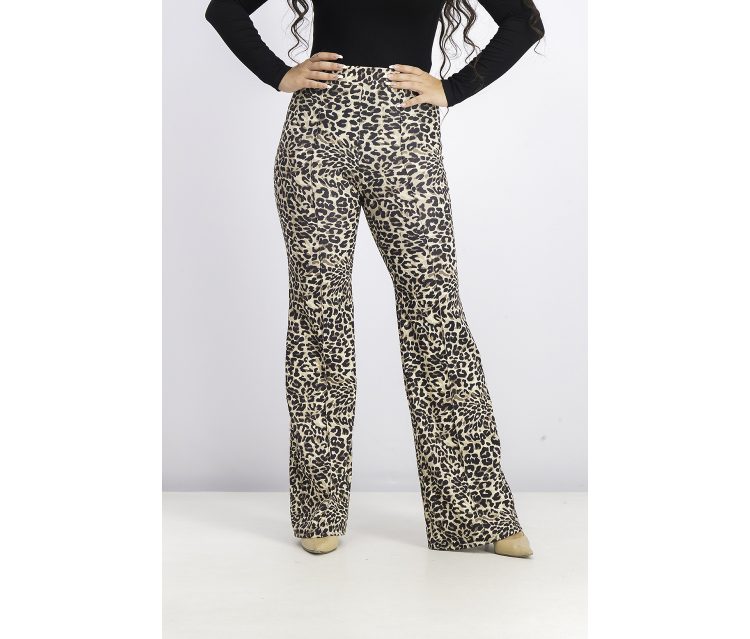 Womens Leopard Print Flared Trousers Black Combo