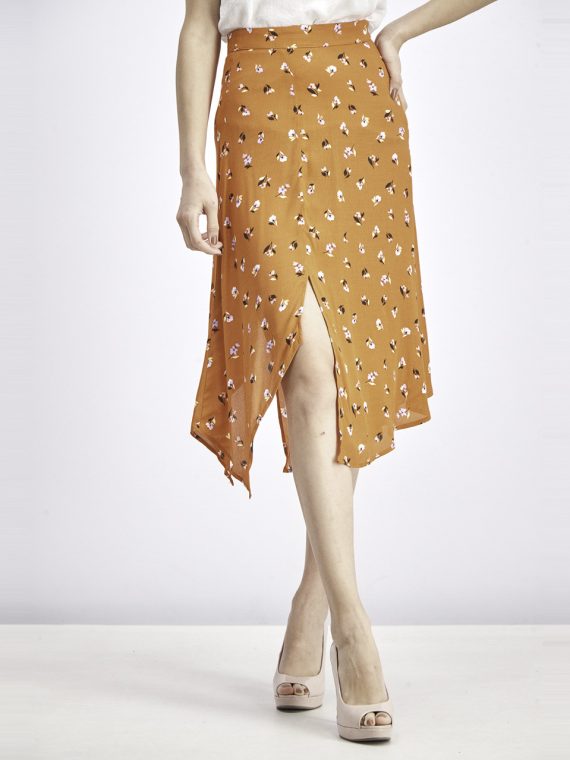 Womens Printed Asymmetric Midi Skirt Orange