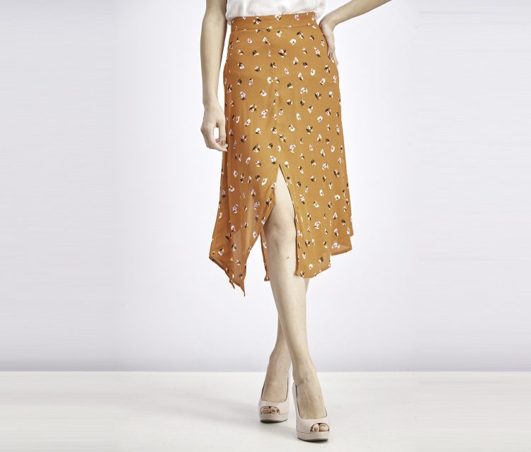 Womens Printed Asymmetric Midi Skirt Orange