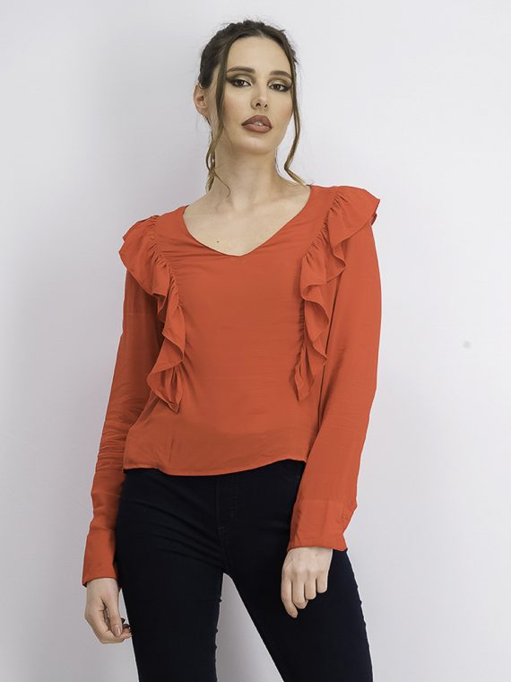 Womens Ruffle V Neck Blouse Red