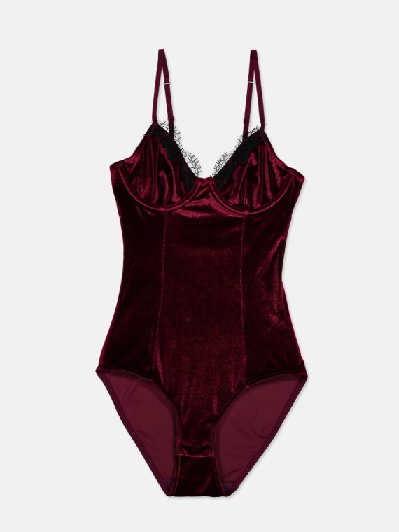 Womens Velvet With Lace Non-Padded Wired Bodies Burgundy
