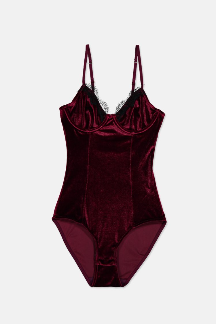 Womens Velvet With Lace Non-Padded Wired Bodies Burgundy